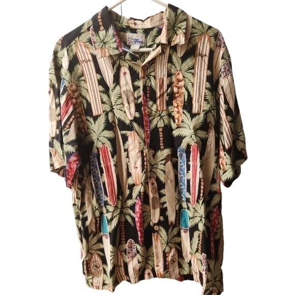 Reyn Spooner Hawaiian Shirt Surf Boards Palm Trees Rayon Size L BoA Embroidered - Picture 1 of 8